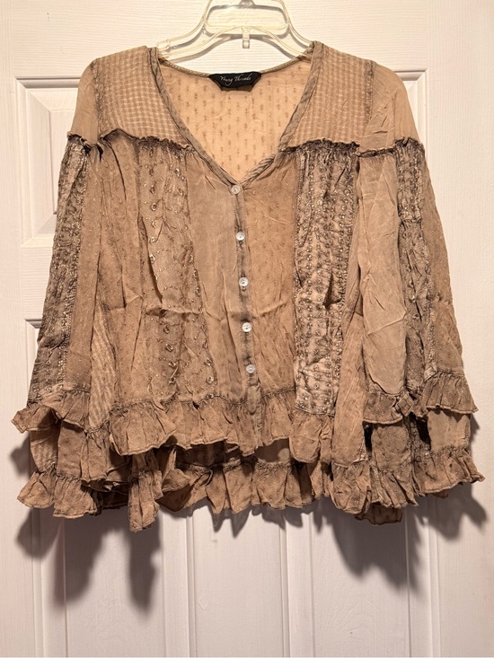 Young Threads Tops - Vintage-Inspired Ruffled Button Front Blouse in Tan by Young Threads
